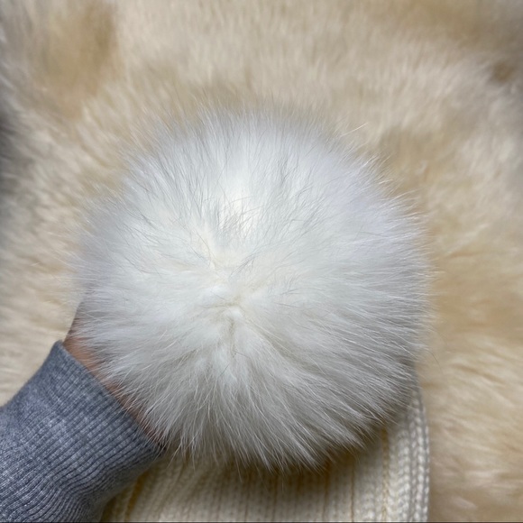 Ribbed Beanie with Rabbit Fur Pompom White - Picture 4 of 7